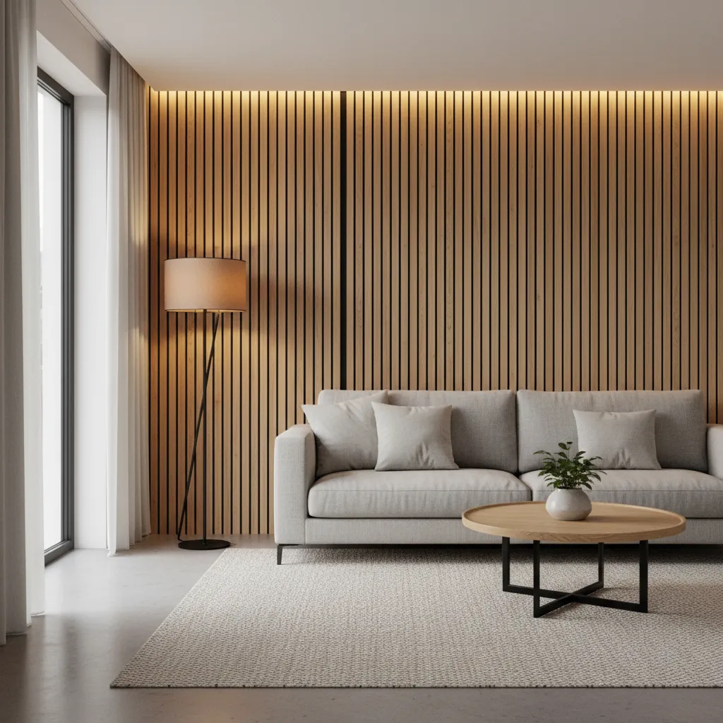 Modern living room with grey sofa wooden wall panel floor lamp and a coffee table