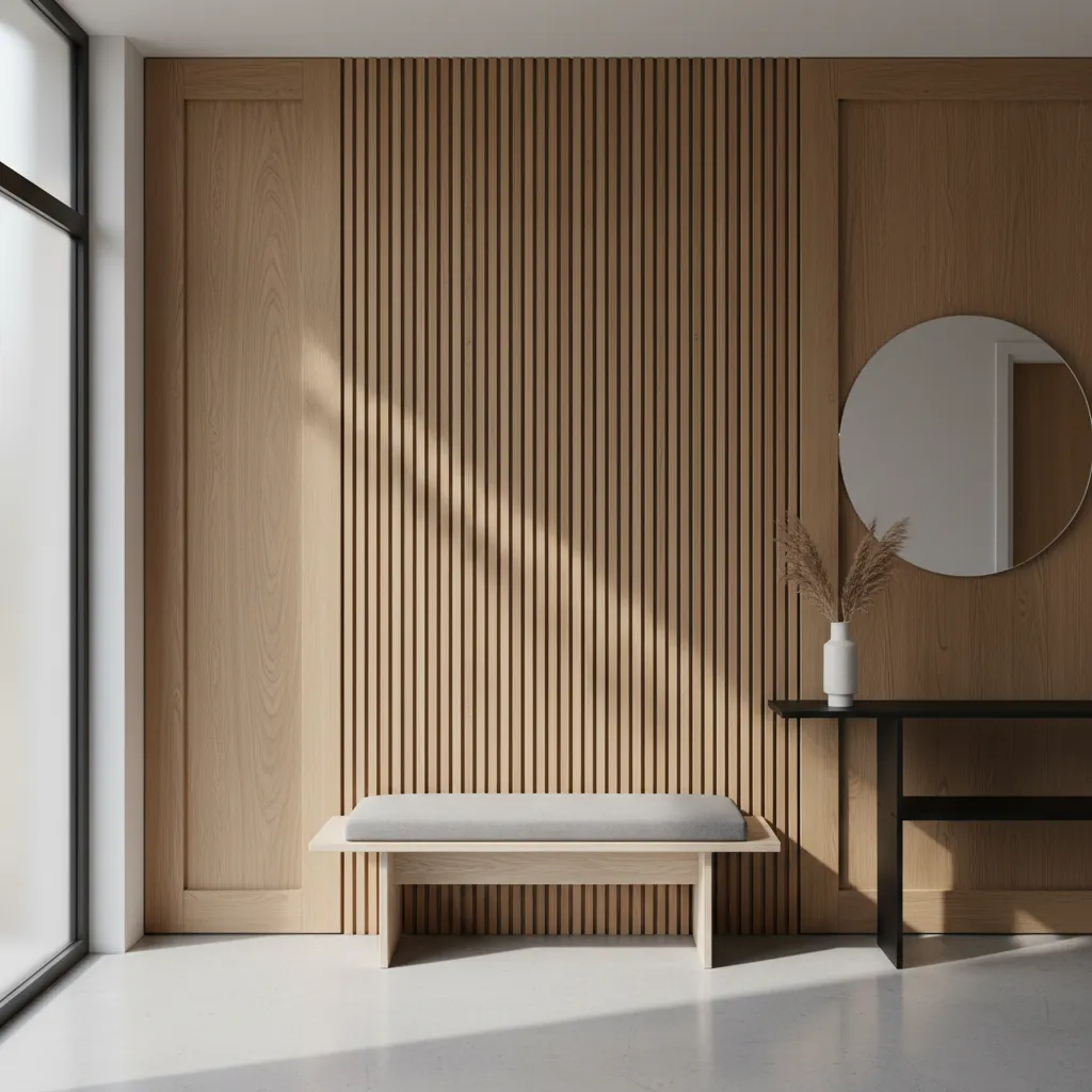 Recibidor moderno con pared decorativa de madera