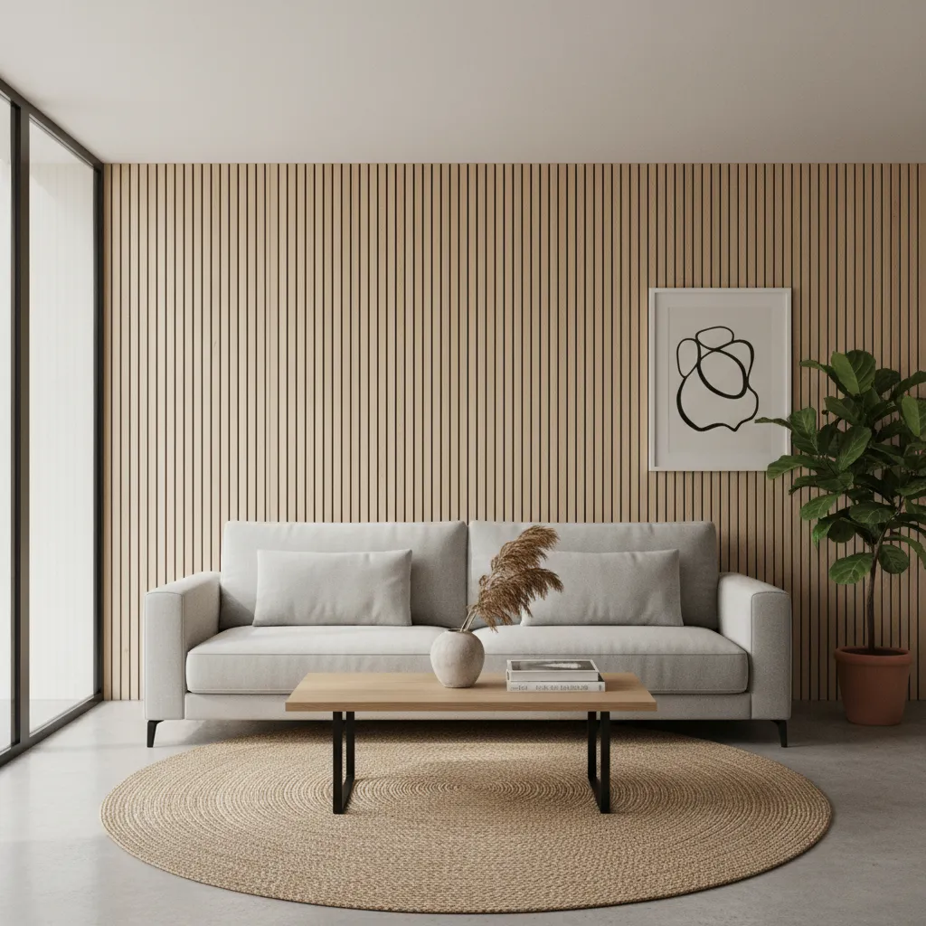 Modern living room with grey sofa wooden wall panel coffee table round rug and plant