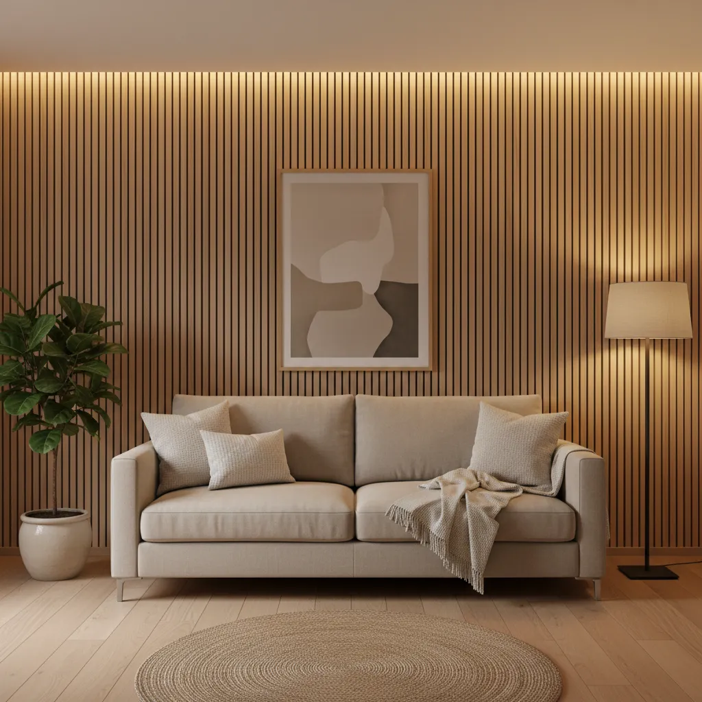 Minimalist living room featuring beige sofa vertical wood wall panels floor lamp and round rug