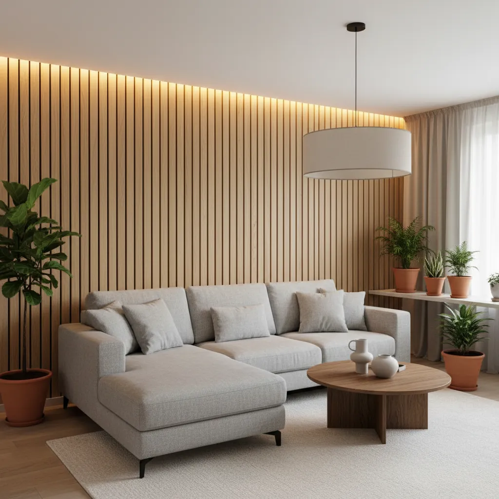 Pared de salón con listones verticales de madera decorativos