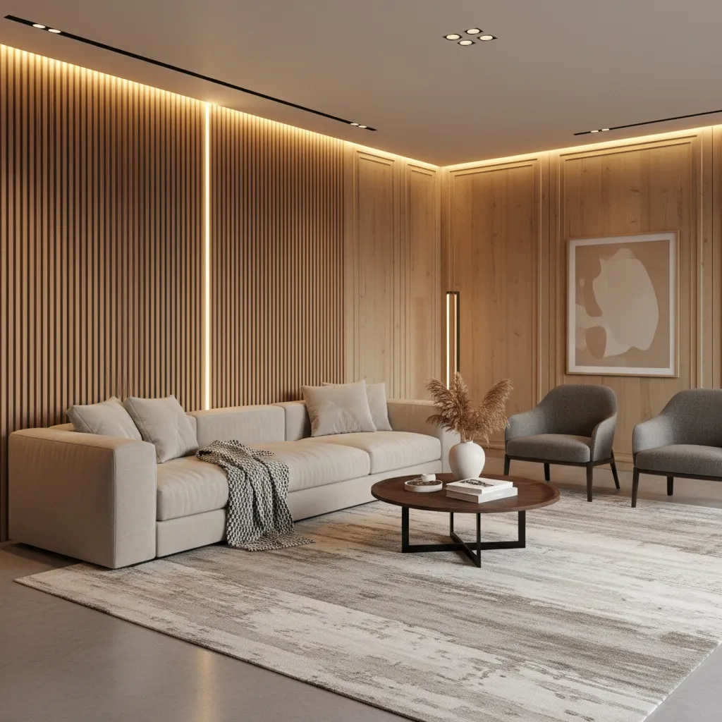 Pared de salón con paneles de madera decorativos verticales