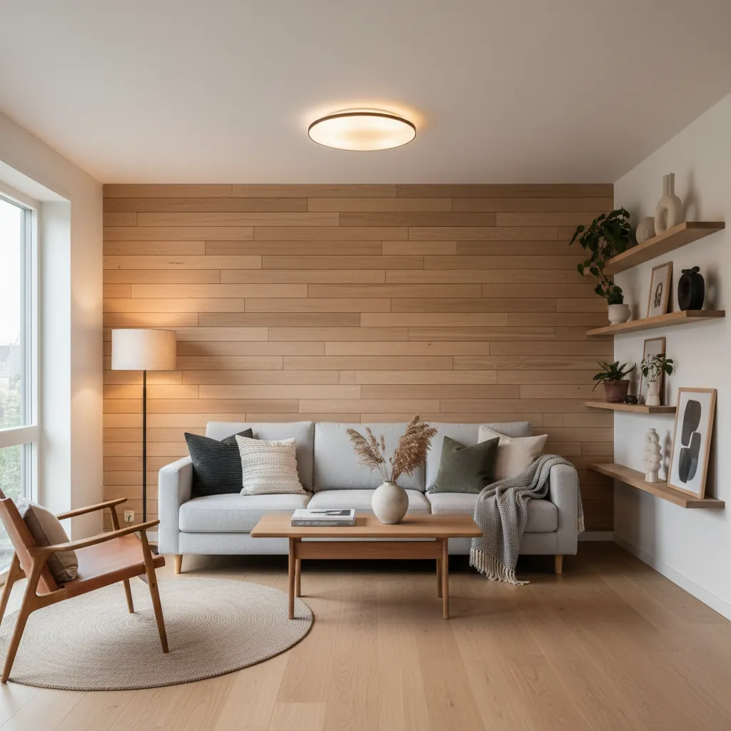Salón moderno con pared decorativa de madera