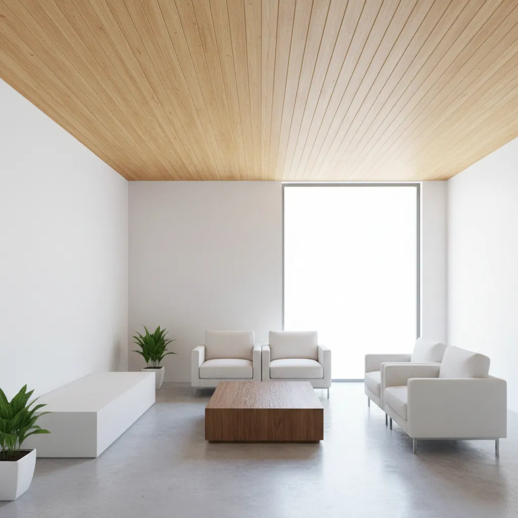 Techo con paneles de madera en interior minimalista