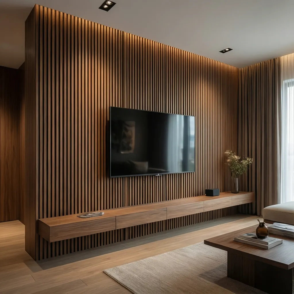 Paneles de madera detrás de un televisor en un salón moderno