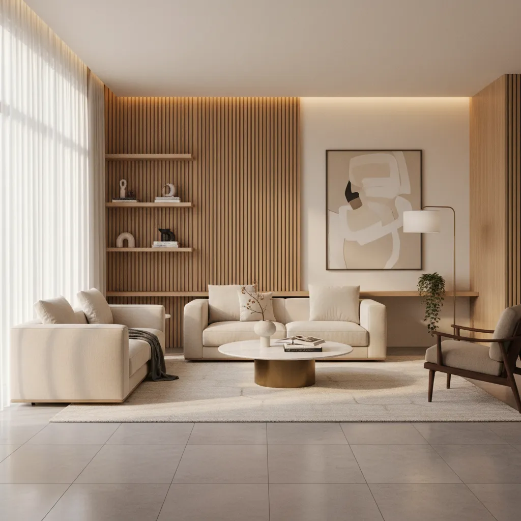 Bright living room with beige sofas round coffee table vertical wood wall panels and painting