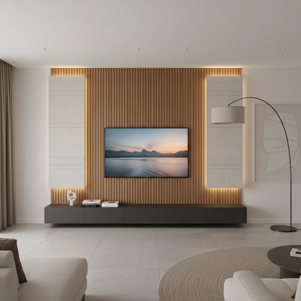 Modern living room showing wall mounted television with wooden panels backlit boards and dark cabinet