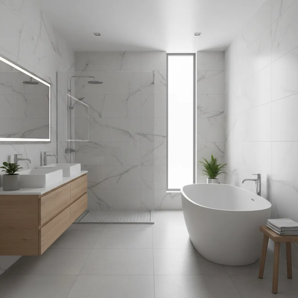 Baño moderno con revestimiento de pared en paneles PVC impermeables