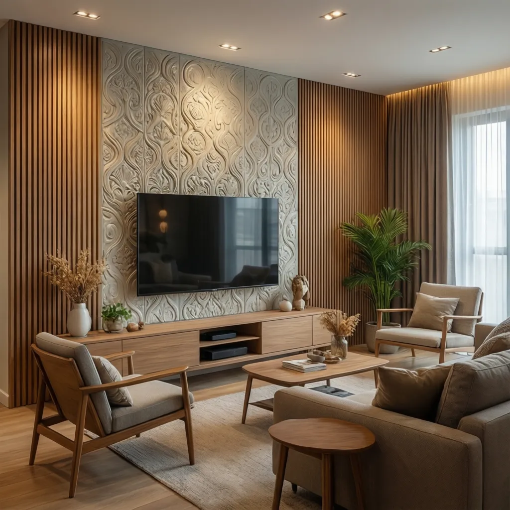 Pared de televisión con paneles PVC decorativos en salón moderno
