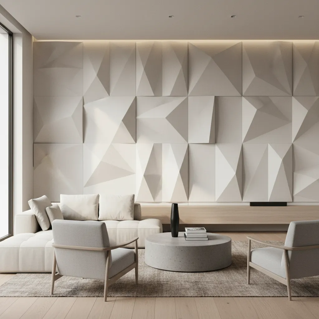 Pared con paneles de yeso decorativos en relieve en un salón moderno