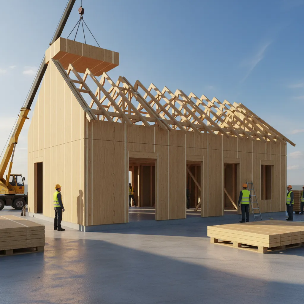 panelized prefab house structure with wall panels and partial assembly