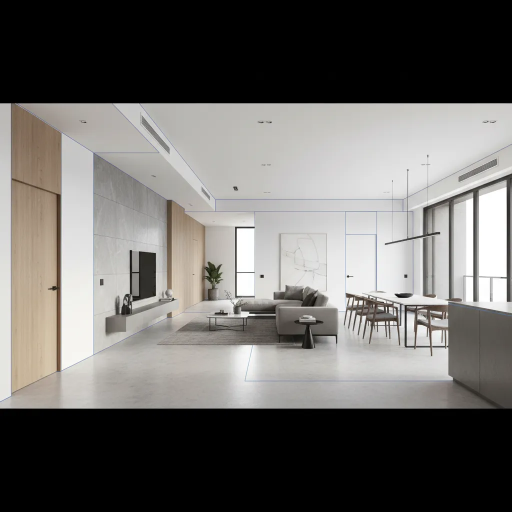 360 panoramic interior highlighting wall edges and corners