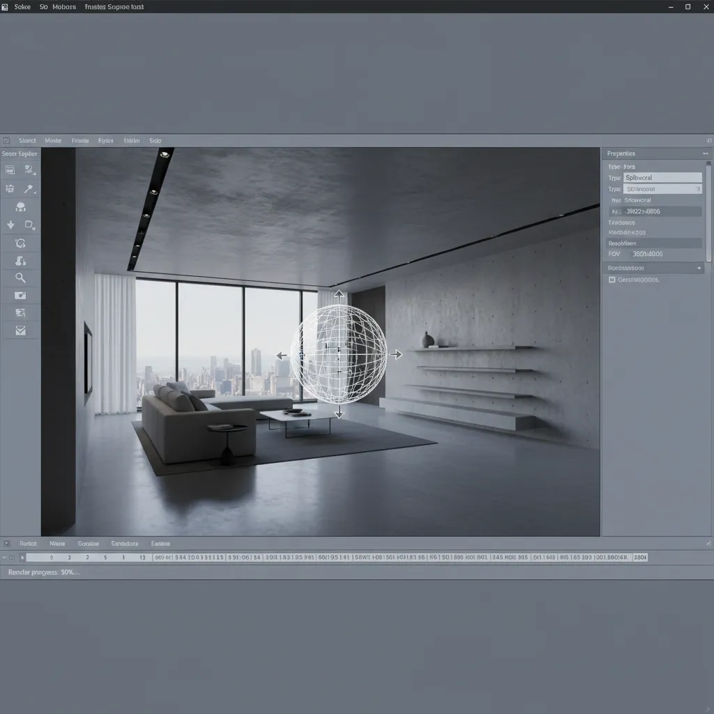 3D software interface showing spherical panoramic camera placement inside a room model