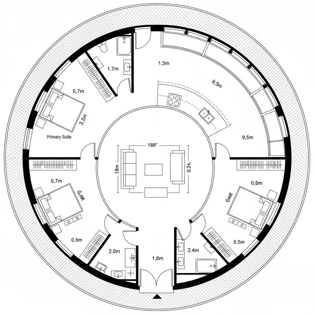 Top-down CAD floor plan of circular great room with split bedroom suites and perimeter balcony