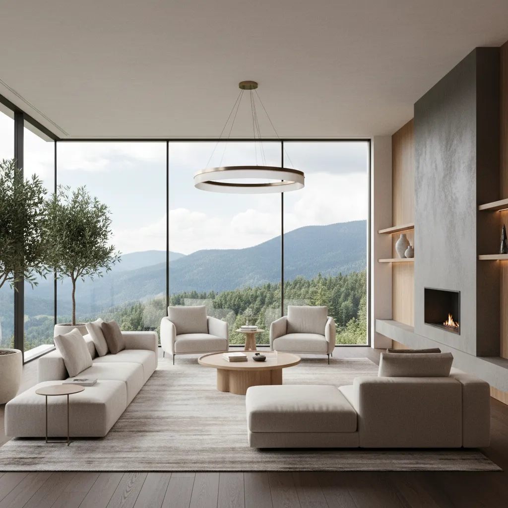 Salón moderno con ventana panorámica de pared completa