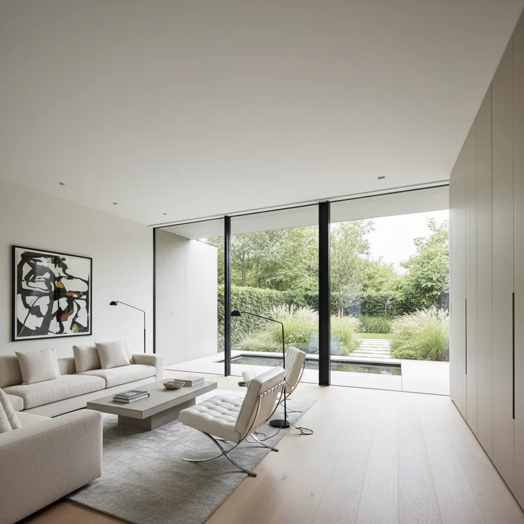 Salón moderno con gran ventana panorámica hacia el jardín