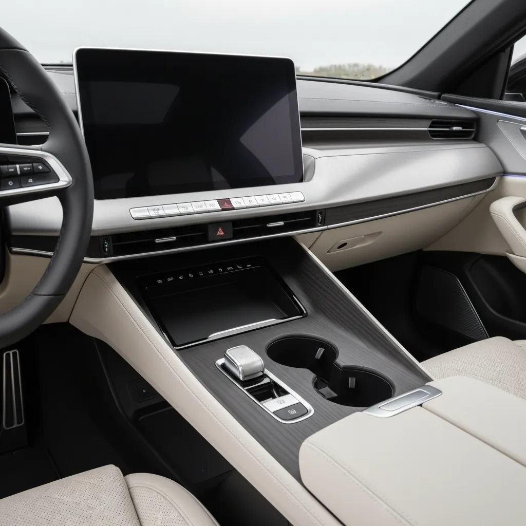 Modern car interior with large central screen wood panel and comfortable white leather car seat