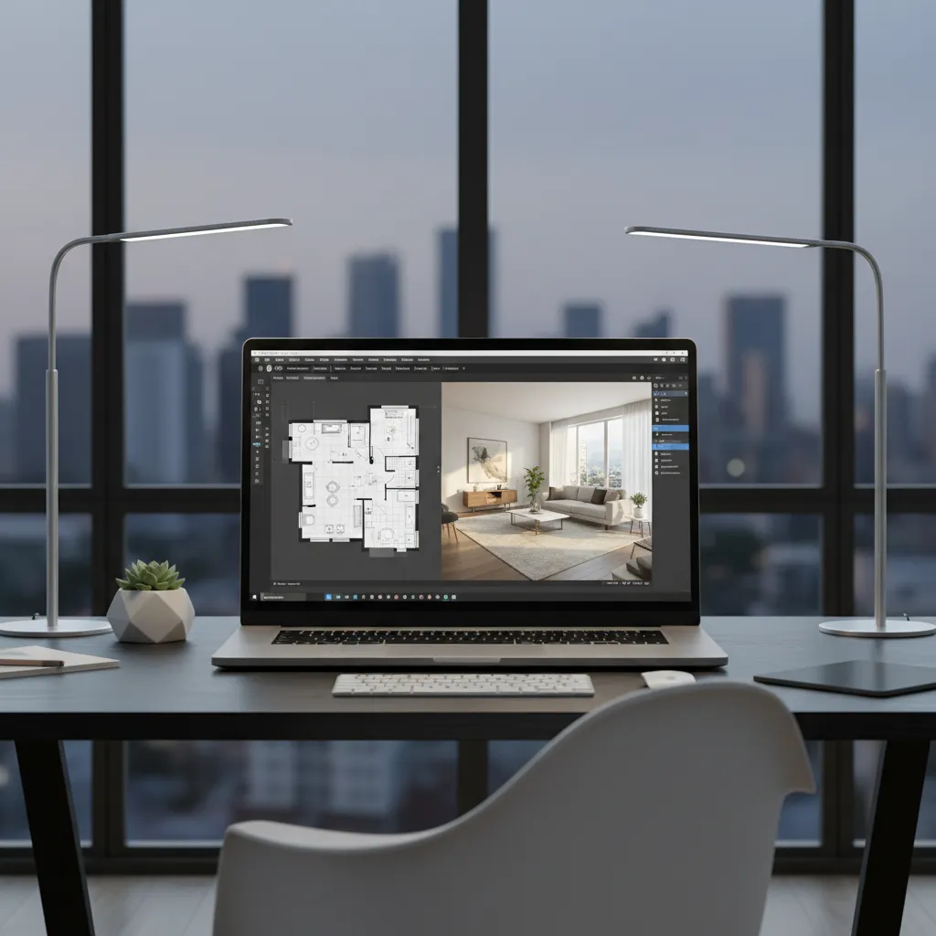 Laptop on desk showing room layout and living room interior design drawing with city view background