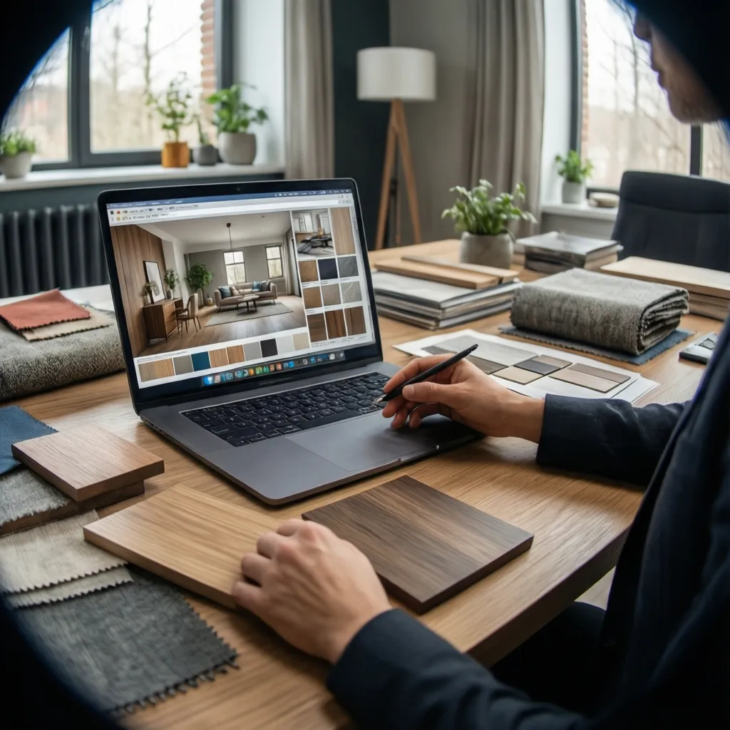 Designer using laptop to select materials for interior design with wood and fabric samples on desk