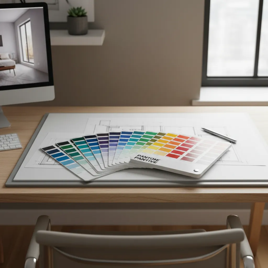 Guía de colores Pantone utilizada sobre una mesa de trabajo de diseño