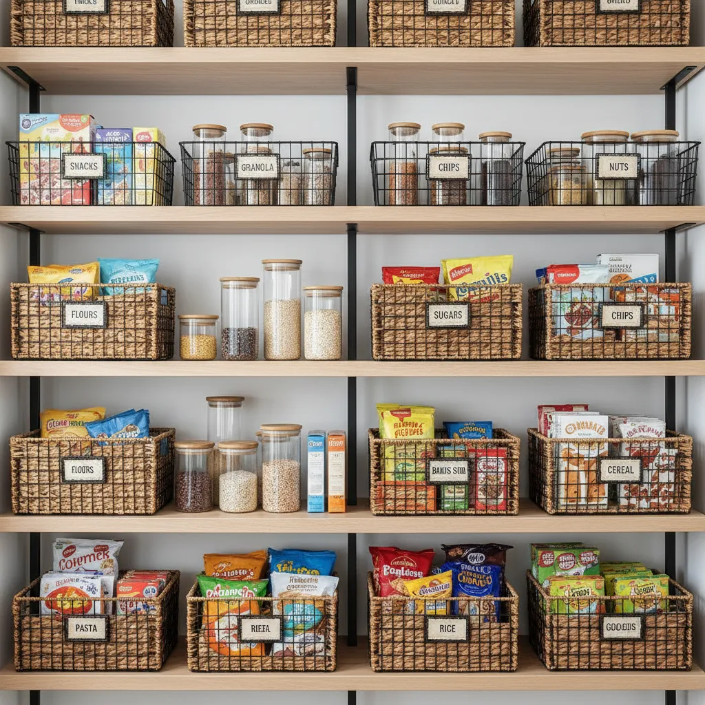 pantry shelf organized with labeled baskets grouping snacks and baking supplies
