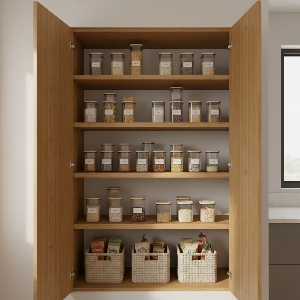 Pantry cabinet interior with natural wood shelves treated with food safe oil