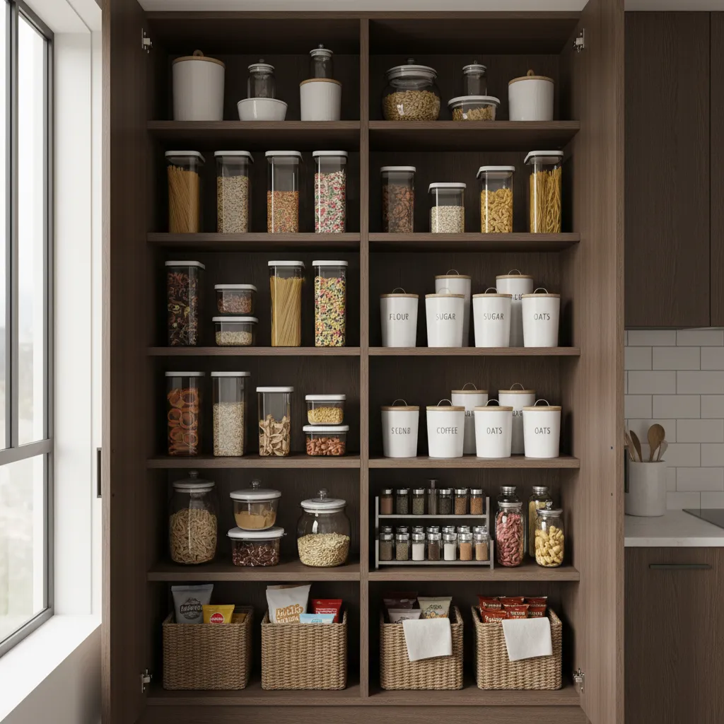 Tall pantry cabinet with organized food shelves in a modern kitchen