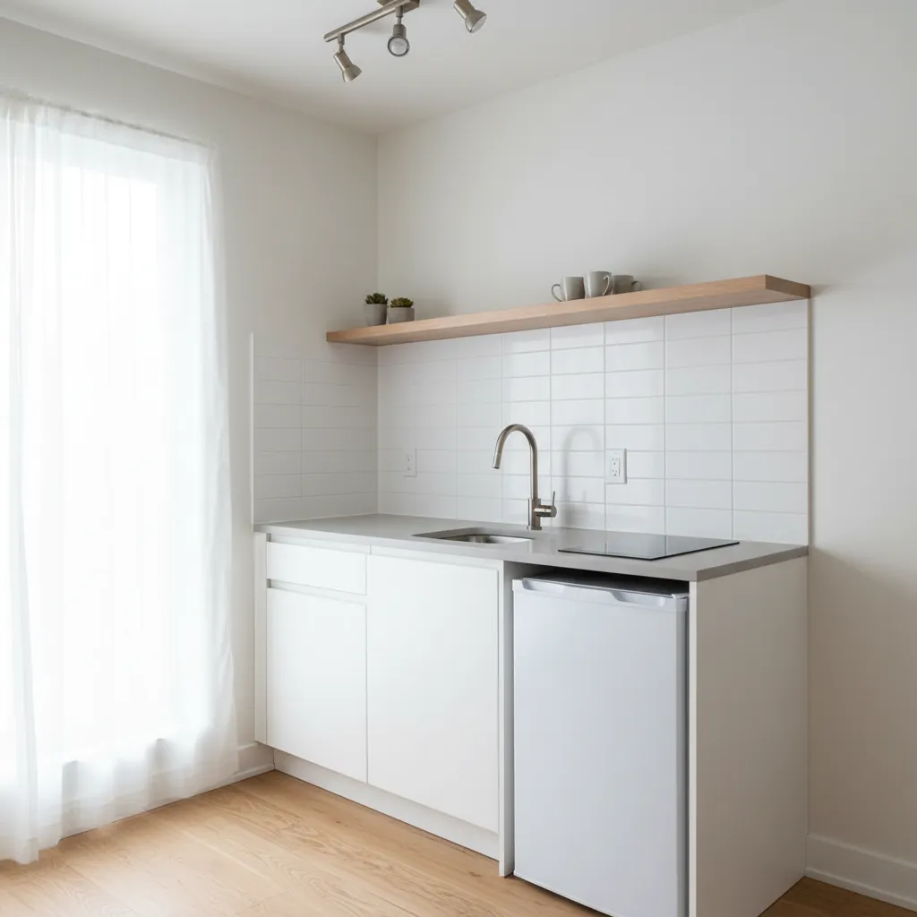 Minimalist white small kitchen with wood shelf white wall tiles silver sink and small fridge
