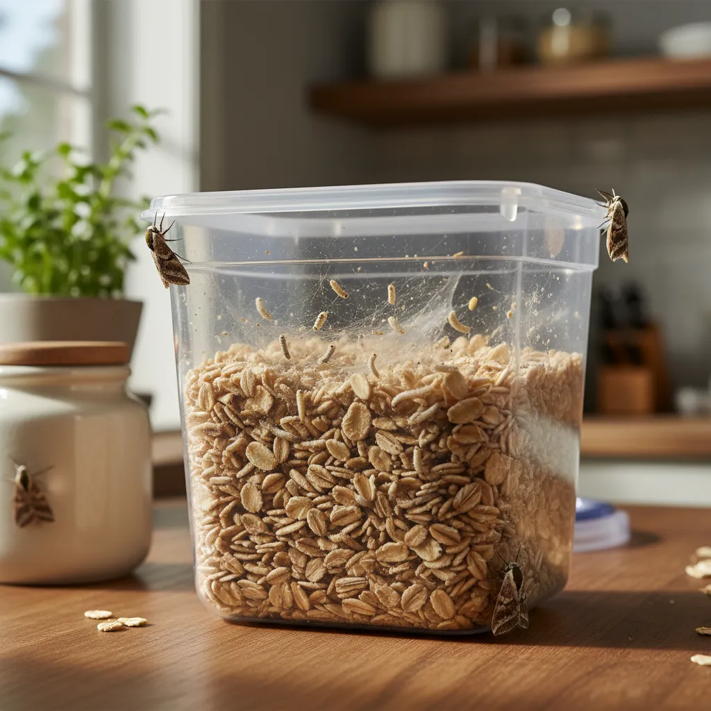 close view of pantry moth larvae and webbing inside cereal container