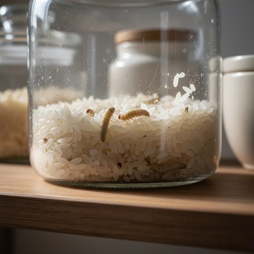 pantry moth larvae inside container of rice grains
