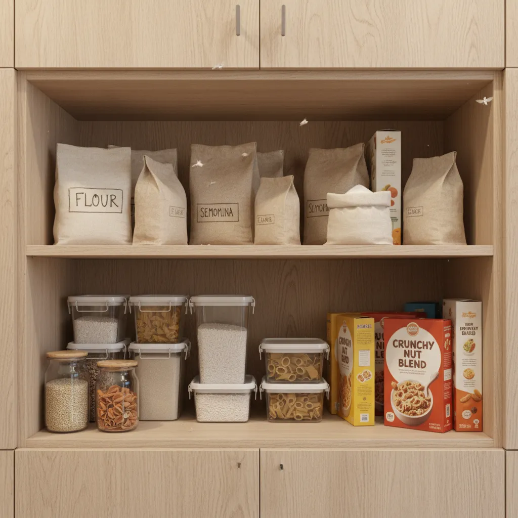 pantry moths inside kitchen cabinet near dry food containers