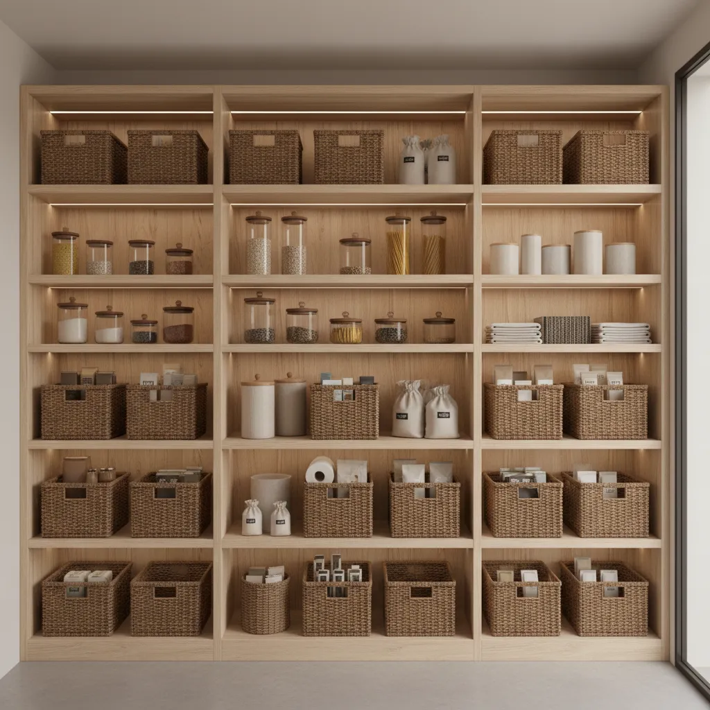 Pantry organized with deep woven baskets for kitchen storage