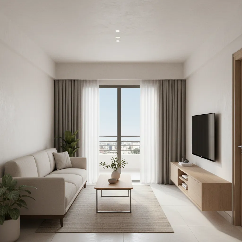 Compact living room layout design in a Panvel 2 BHK apartment