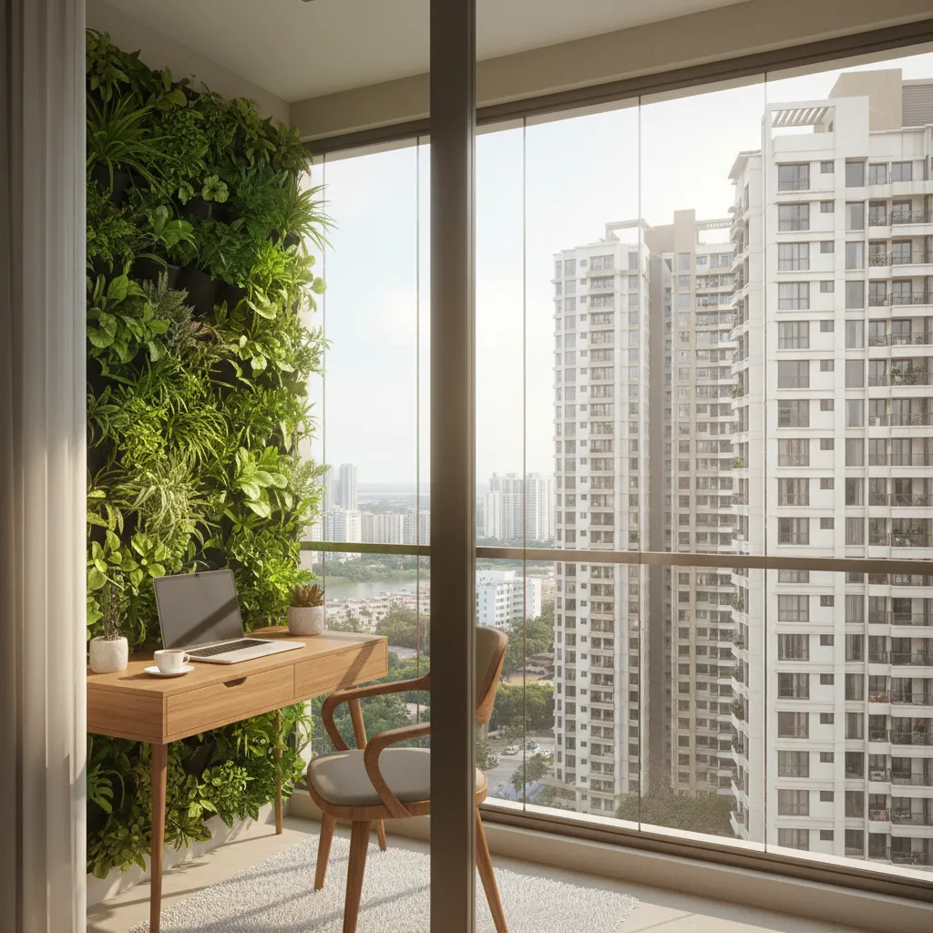 Small apartment balcony converted into workspace with plants