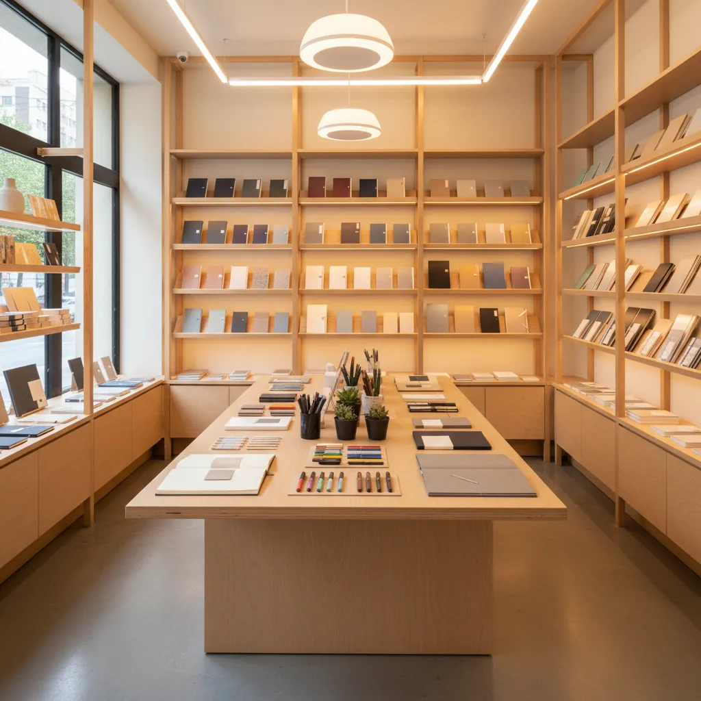 Pequeña papelería bien organizada con muebles claros y mesa central