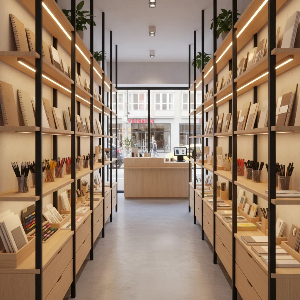 Interior design drawing of stationery shop with wooden shelves, built-in lights, notebooks, and central aisle