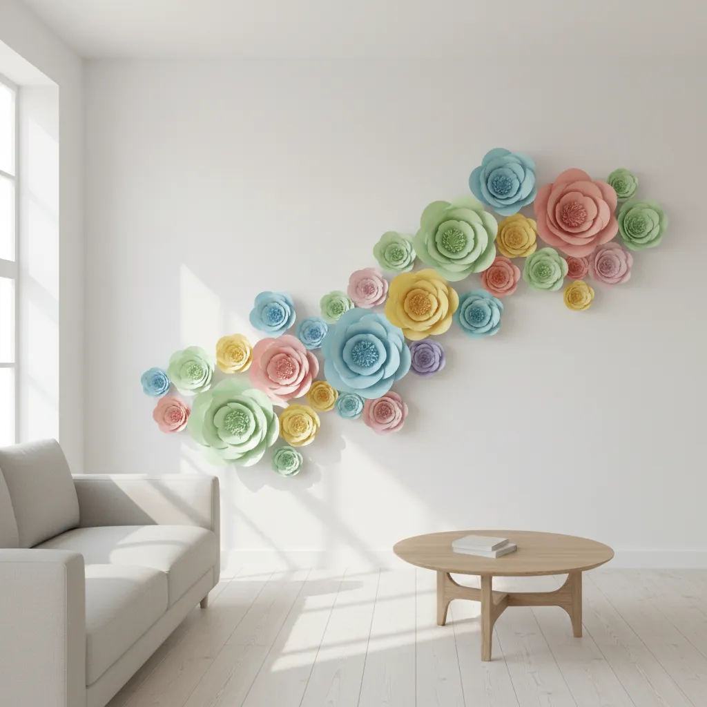 Colorful layered paper 3D wall hanging craft arranged on a minimalist wall