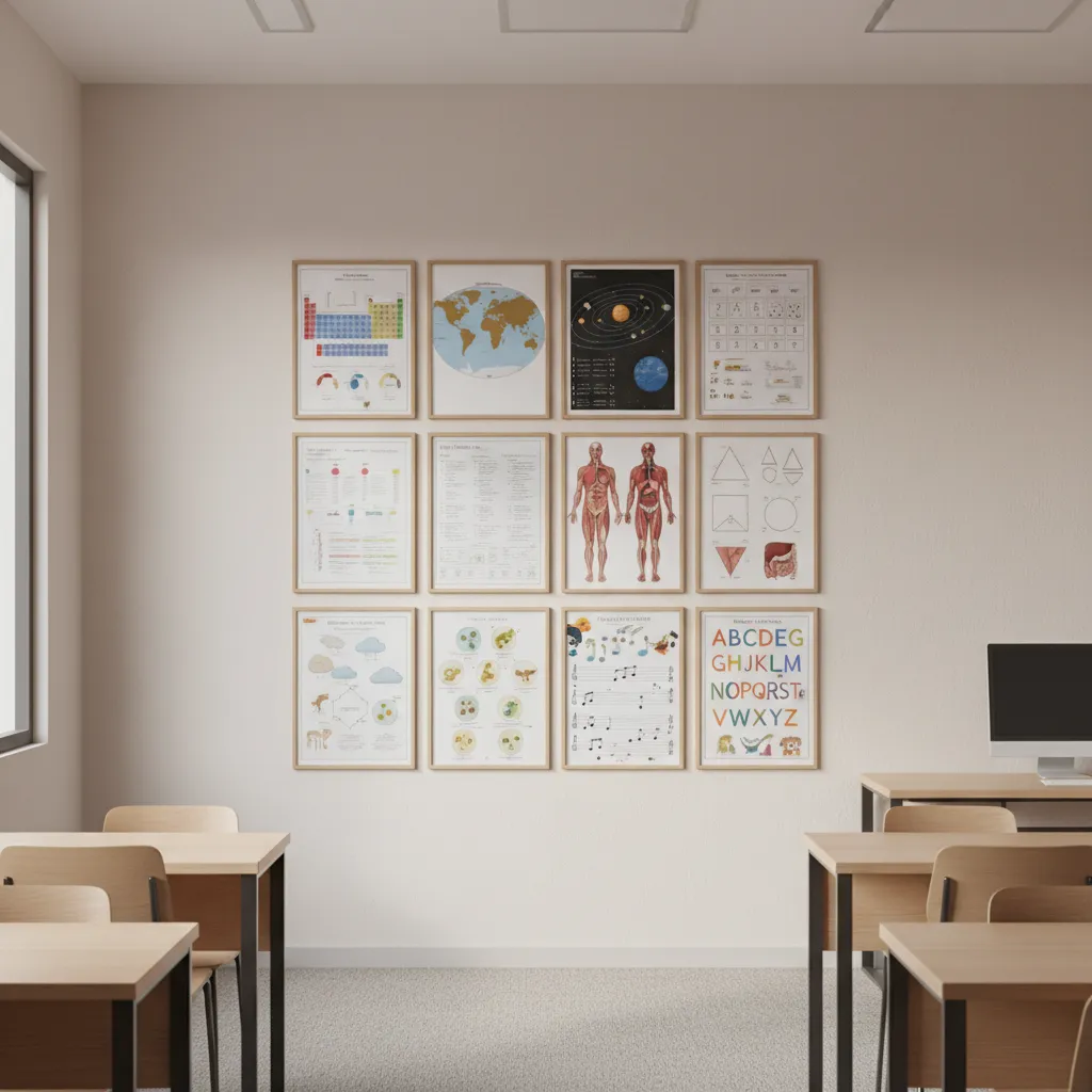 temporary paper posters neatly arranged on painted wall in classroom