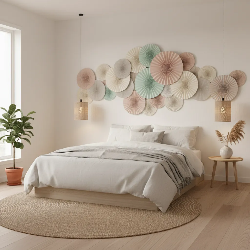 Layered decorative paper fan wall arrangement in a small bedroom