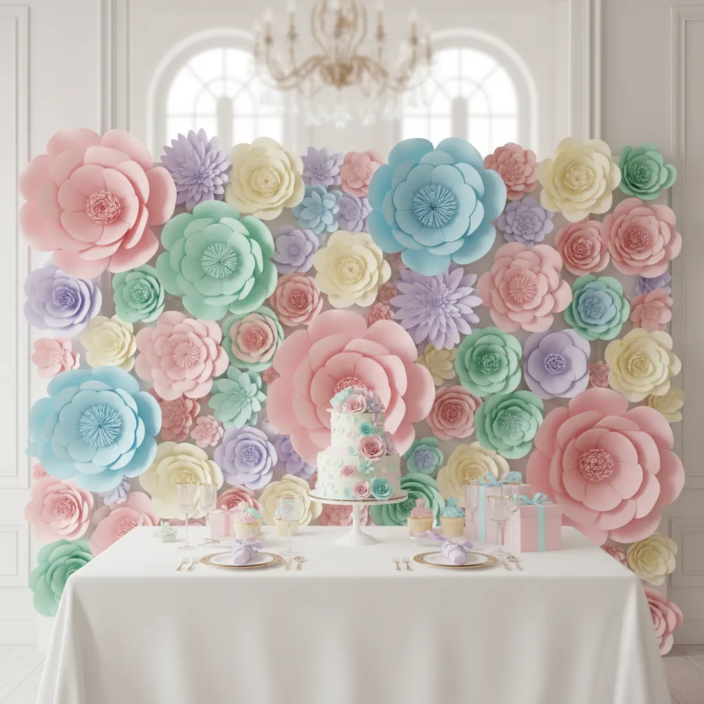 Backdrop sinh nhật với hoa giấy nhiều kích thước