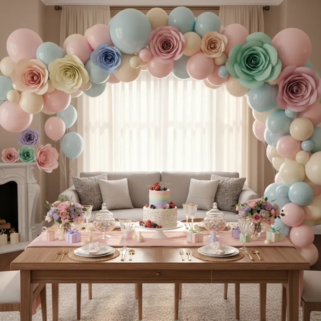 Trang trí sinh nhật kết hợp hoa giấy và bóng bay