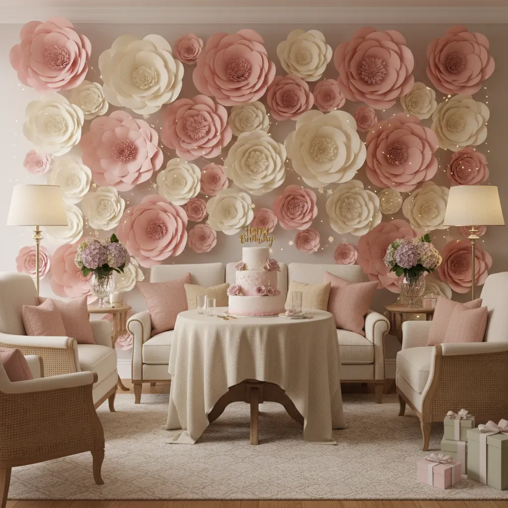 Không gian phòng khách trang trí sinh nhật bằng hoa giấy
