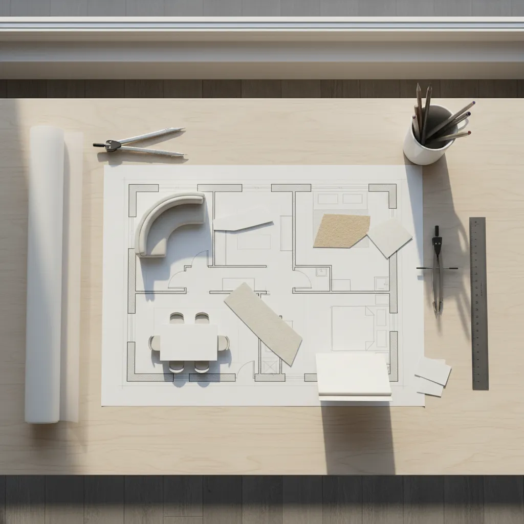 Paper furniture cutouts used for testing different room layouts