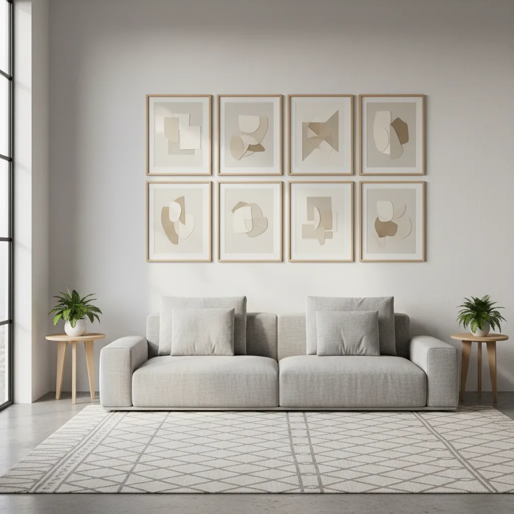 Minimal paper art arranged in a structured grid gallery wall