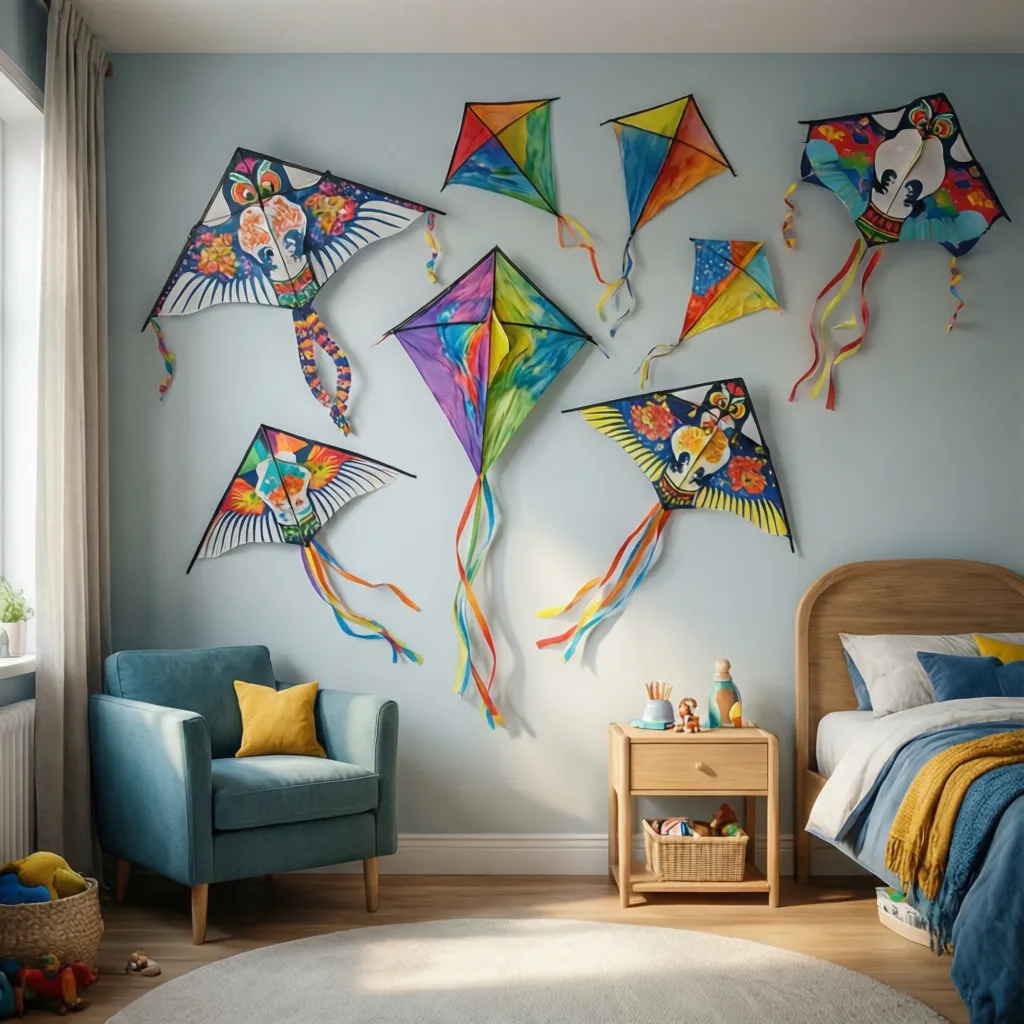 Colorful paper kites displayed as lightweight wall decor in a child's room