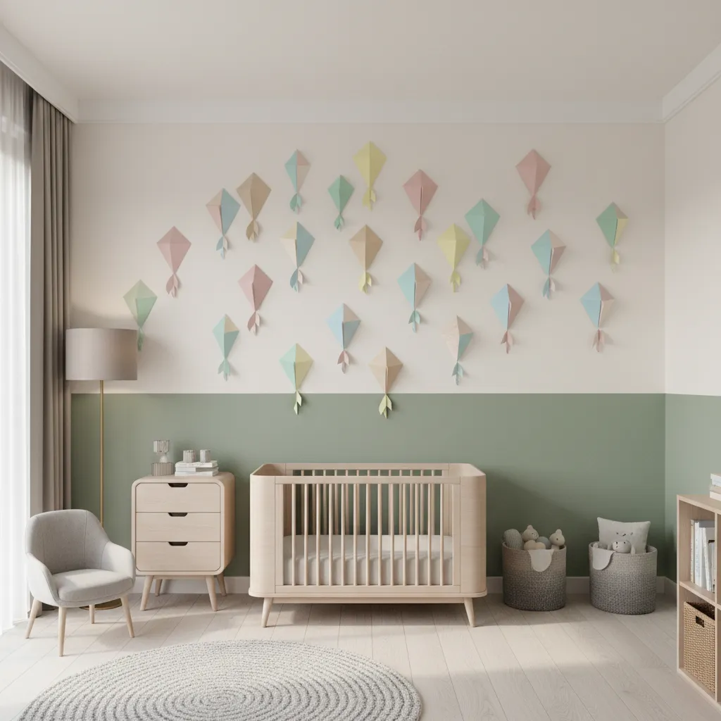 Colorful paper kite wall decorations arranged on a children's bedroom wall