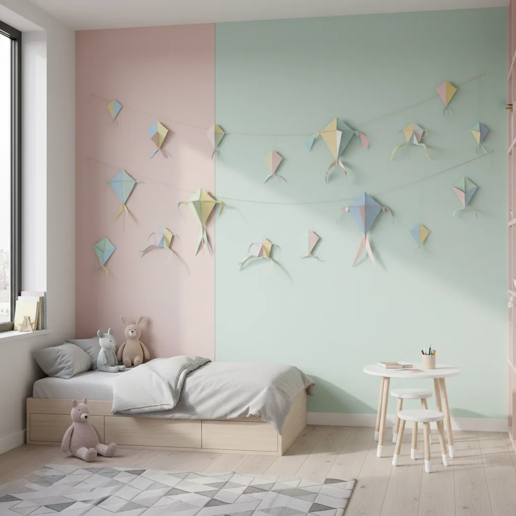 Colorful paper kites arranged on a kids bedroom wall