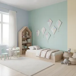 Kids bedroom with kite wall art, single bed, wood bookshelf, and colorful pastel colored walls