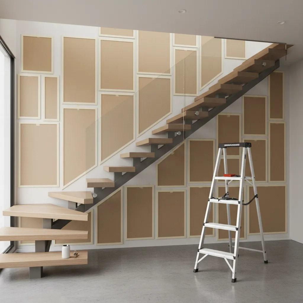 Paper templates taped on staircase wall to plan gallery wall layout