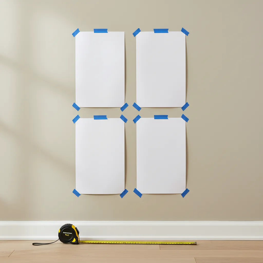 paper templates taped on wall to test four frame gallery wall layout